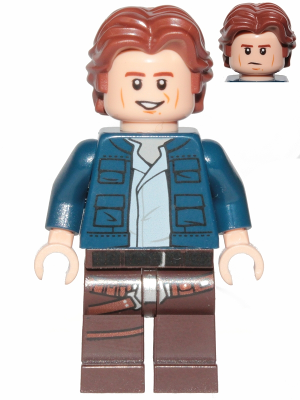 LEGO Minifigure -- Han Solo, Dark Brown Legs with Holster Pattern, Dark Blue Jacket, Wavy Hair, Smile / Frown-Star Wars / Star Wars Episode 4/5/6 -- SW1021 -- Creative Brick Builders